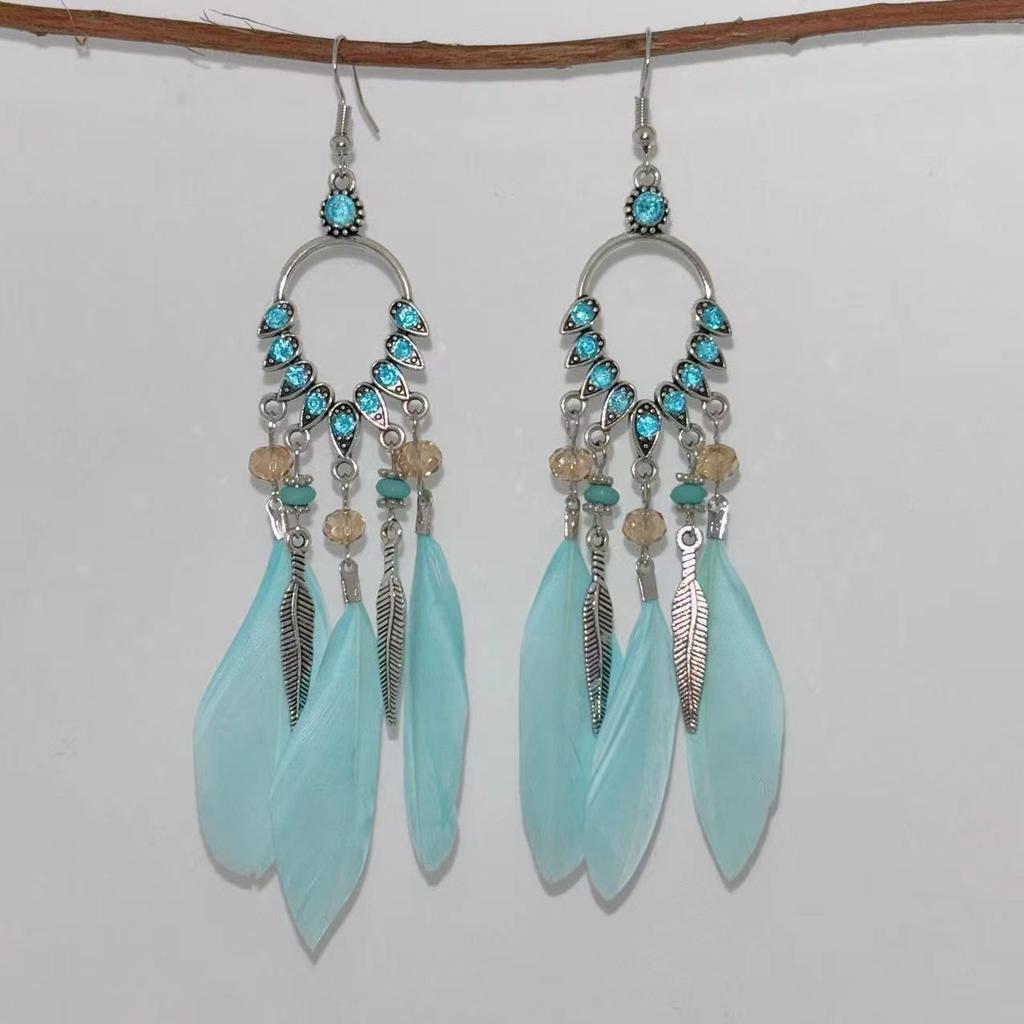 Vintage Bohemian Feather Tassel Earrings Exaggerated Ethnic Vacation Dangle Ear Jewelry Fashion Accessories For Women
