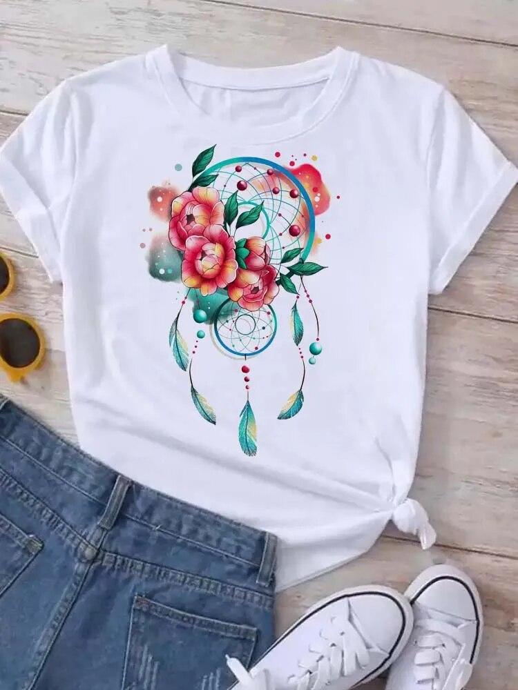 Women's Pattern Short Sleeve T-Shirt Women's Summer Clothing Feather 90S Fashion Women's University T-Shirt