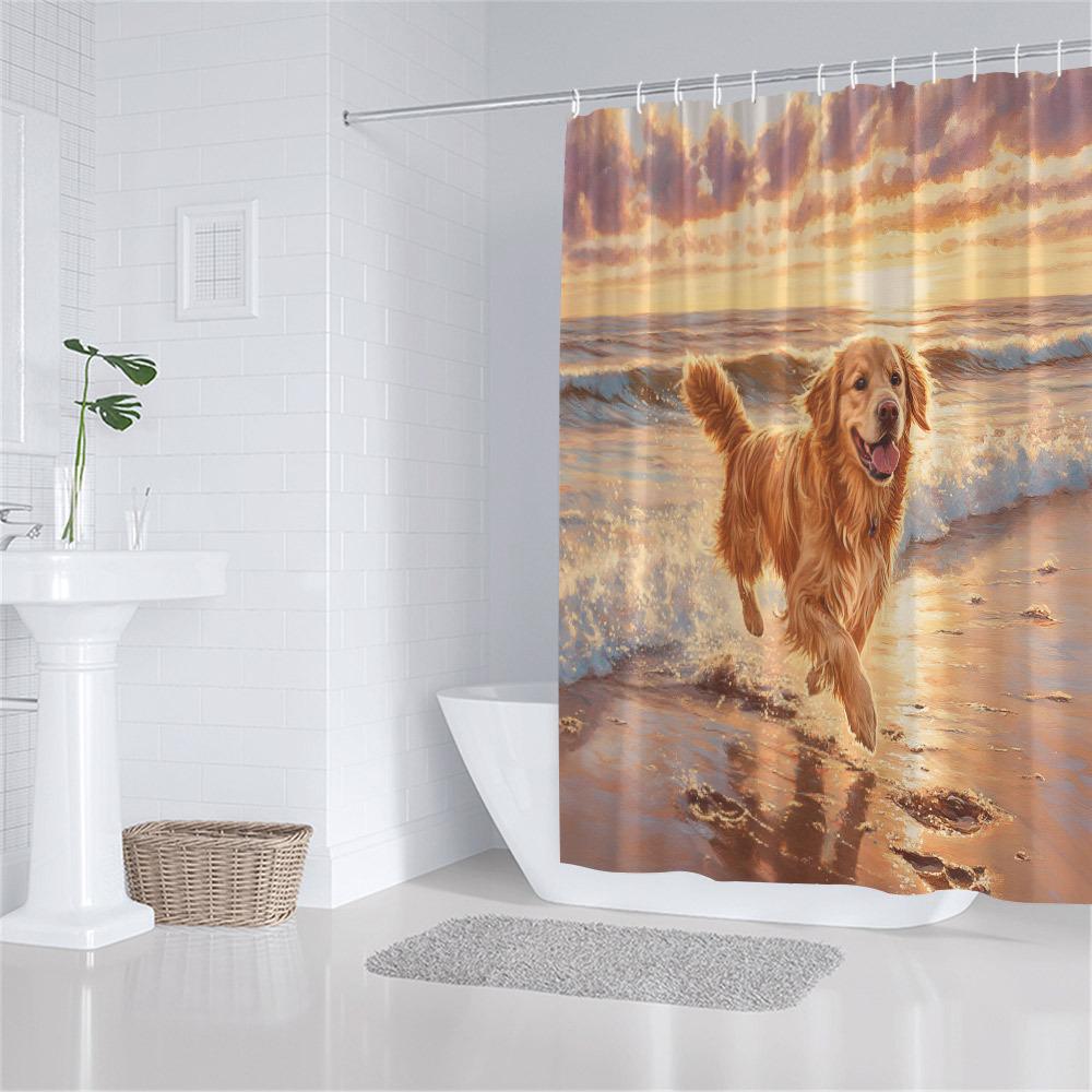 Golden Retriever Läuft Am Strand Duschvorhang Wasserdicht Leicht Zu Reinigen Sichtschutz Druck Sonnenuntergang Ozean Design Haustierliebhaber