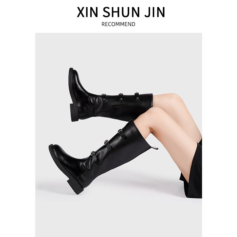 Retro Belt Buckle But Knee Boots Women's 2025 New All-cowhide Wide Tube Western Knight Boots Brown Boots Tide