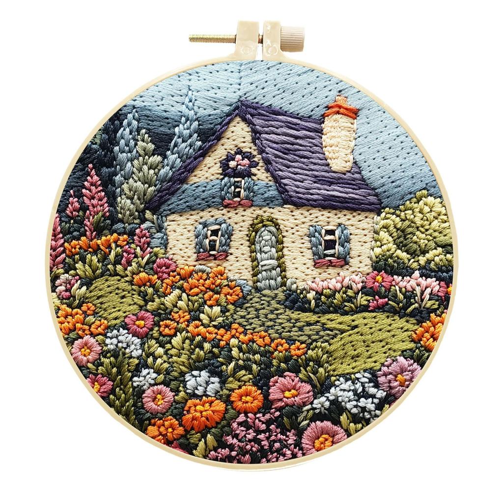 1 Set Garden and Patio DIY Embroidery Material Kit, Suitable for Beginners, Includes Tools, Stitch Tutorials, and Fabric Material Packs