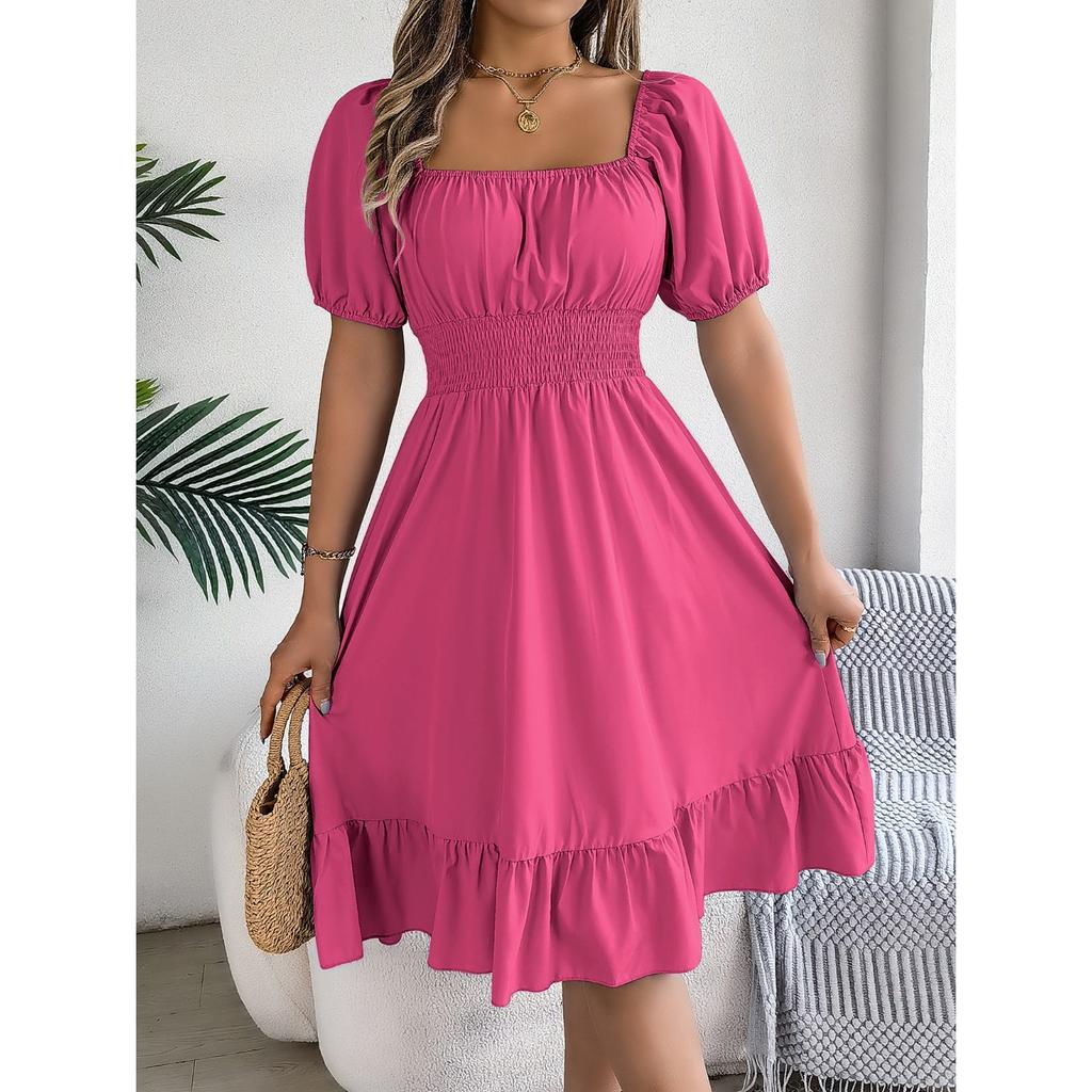 GMXIA Spring and Summer Casual Square-neck Short-sleeved, Waist-cinched, Ruffled A-line Skirt Women's Clothing