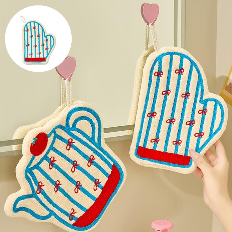 Cartoon Kettle Design Hand Towel Fast Drying Soft Plush Fabric Super Absorbent Hanging Towel for Kitchen Bathroom Use