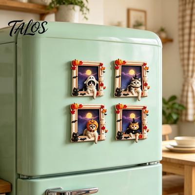Halloween Party Decor Cat Ghost Frame Fridge Magnet for Halloween, Retro Wooden Kitchen Refrigerator Magnet, Decoration Accessories, Favors Magnets