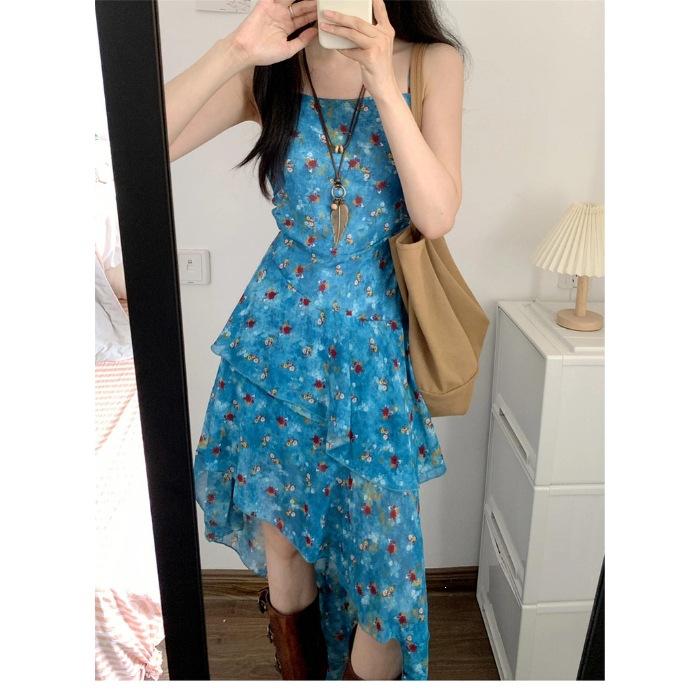 Holiday style retro floral suspender dress female design sense summer irregular long dress waist thin A-shaped skirt