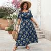 Frühlings-Retro-Quadratkragen-Druck-Übergrößen-Kurzarmkleid
