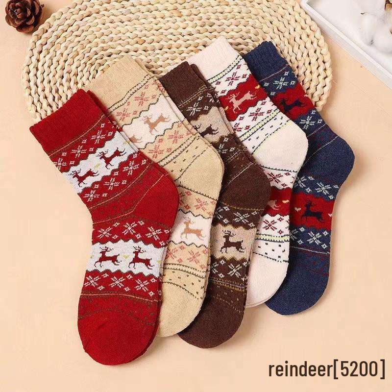 Women's Mid-Calf Reindeer Jacquard Wool Socks - Soft & Comfortable for Autumn and Winter