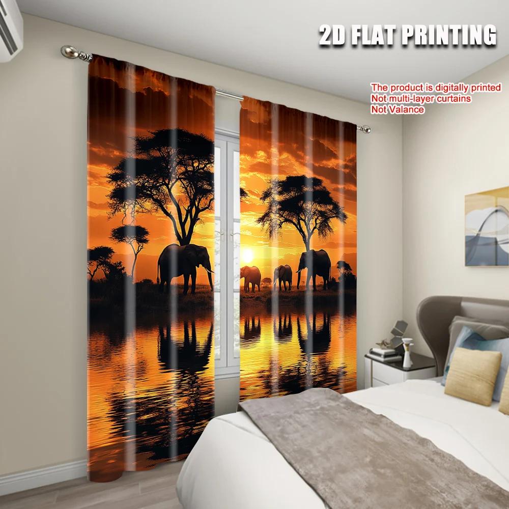 Set Of 2 Plane Printing Popular Curtain Panels African Sunset Elephant Polyester Without Rod Decorations Outdoor Use