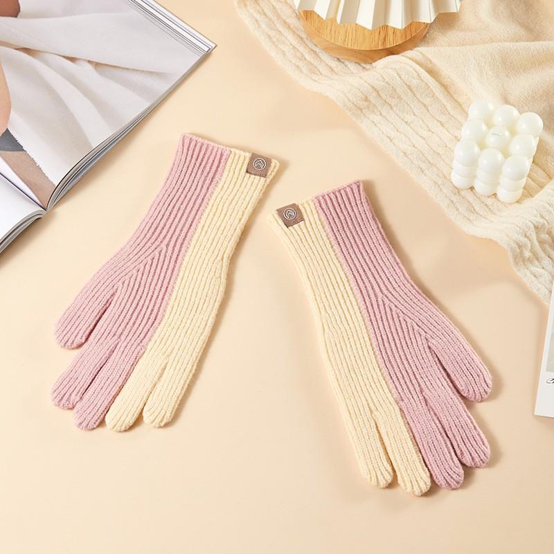 Autumn and Winter Stitching Color Knitted Ladies' Warm Gloves Dew Finger Touch Screen Cold Proof Wool Gloves