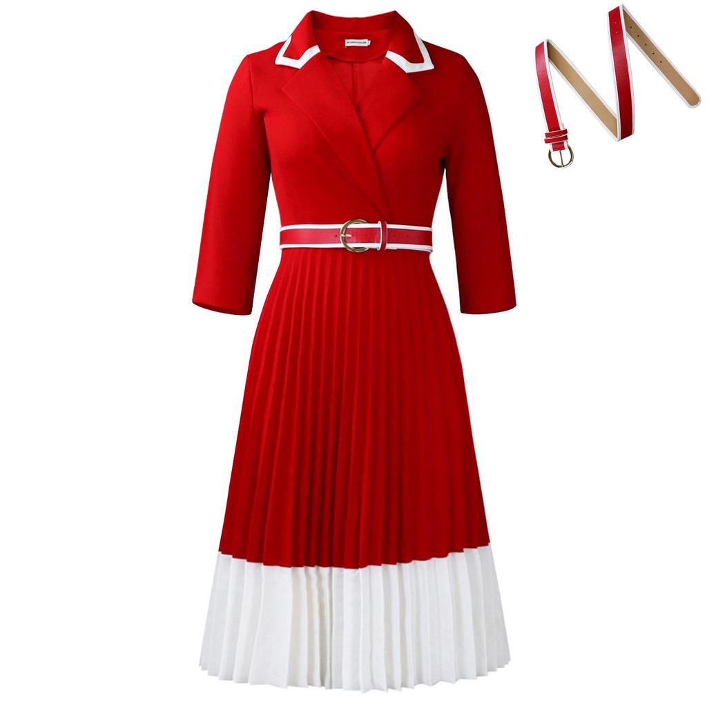 D3352 Autumn/Winter European and American Women's Solid Color Long Sleeve Pleated A-line Dress