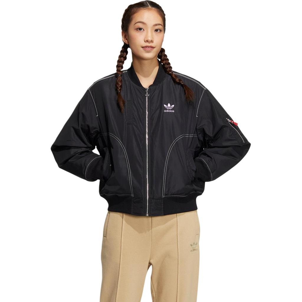 adidas Originals Clover Stitching Detail Logo Lettering Long Sleeve Cotton Jacket Women Jacket Black HY7278