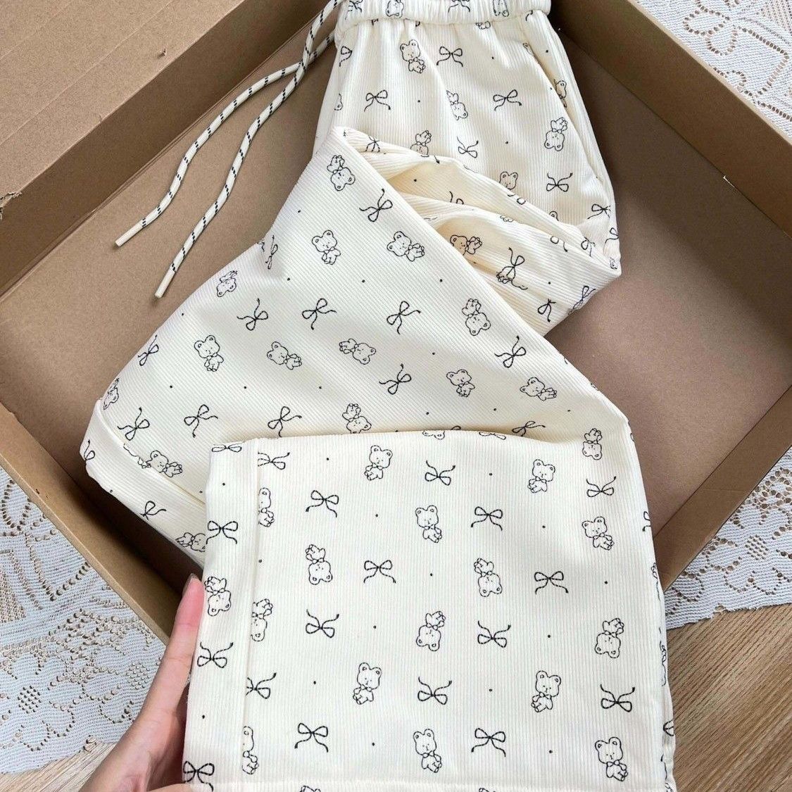 

Милые повседневные брюки широкого кроя с принтом медведя и бантом - Свободного кроя с высокой посадкой, прямые брюки для весны/лета 3XL