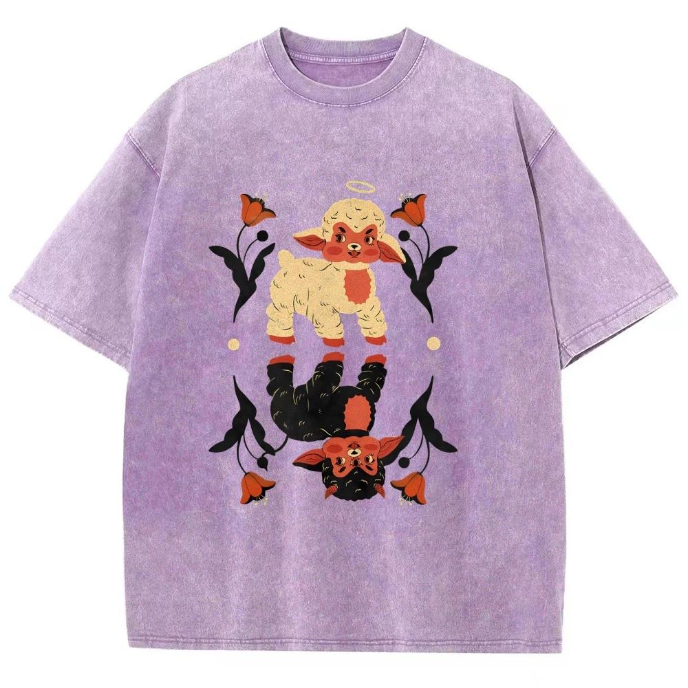 Cool Angel Demon Sheep T Shirts Unisex Washed Tees Men Women Short Sleeve T-shirts Cotton Streetwear T Shirts