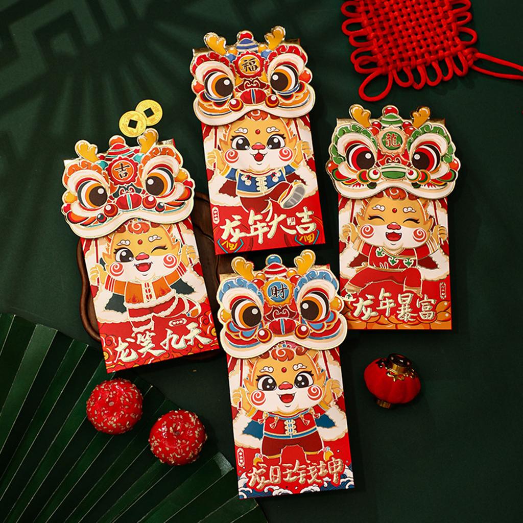 4 Pcs Lucky Money Bag 2024 Spring Festival Cartoon Red Envelopes Red Packets Lunar Year Decoration Gift For Children Teeangers