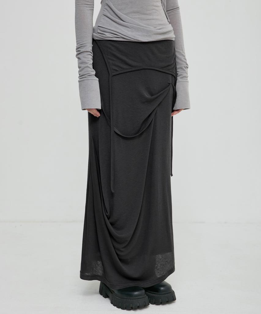 Peulleeoeob Asymmetrical Draped Long Skirt (Fl-263_Black)