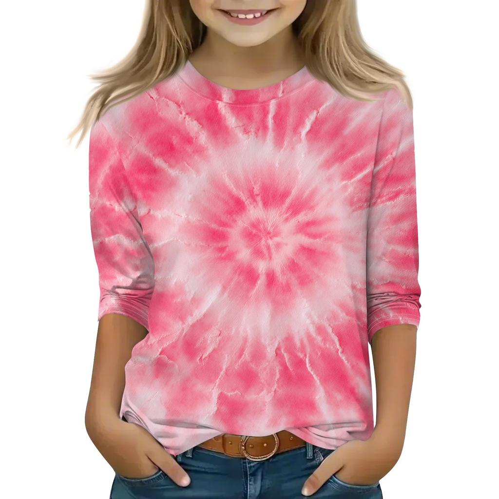Print Tops For Youth Girls Round Neck 3/4 Sleeves T-Shirts Trendy Tops Outfit Tees