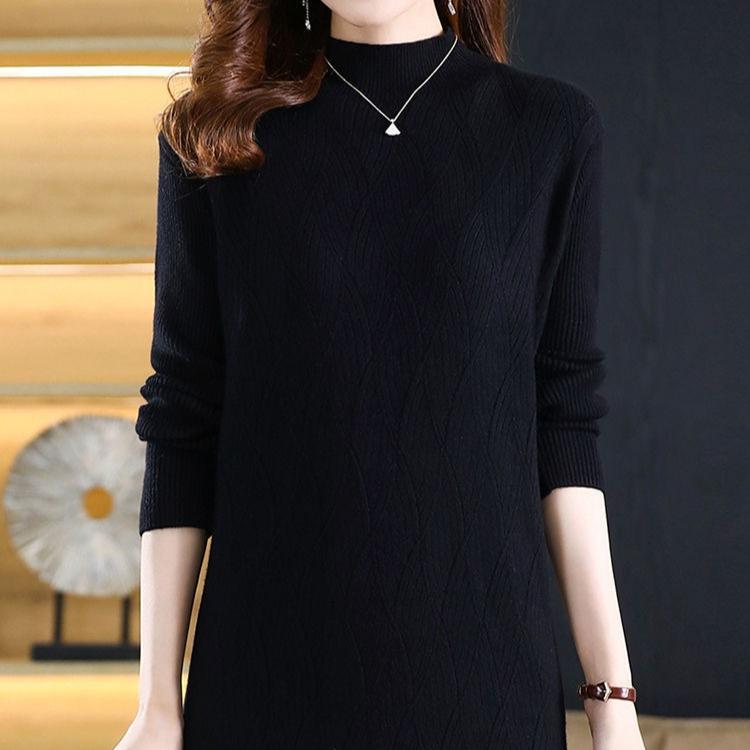 Jednobarevné pletené svetrové šaty střední délky pro ženy s polovičním rolákem, volné, s dlouhým rukávem, pletené svetrové šaty na podzim a zimu