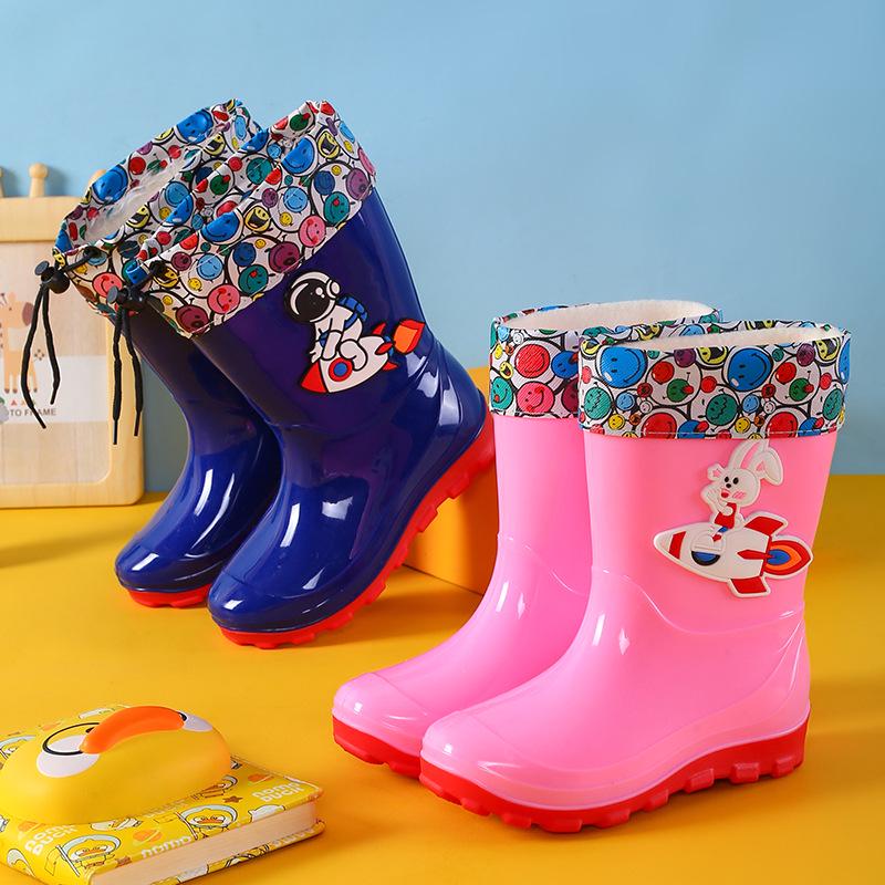 Kids' Waterproof Cartoon Rain Boots - Non-Slip Rubber Shoes for Boys & Girls, Warm Long Mid-High Top Design