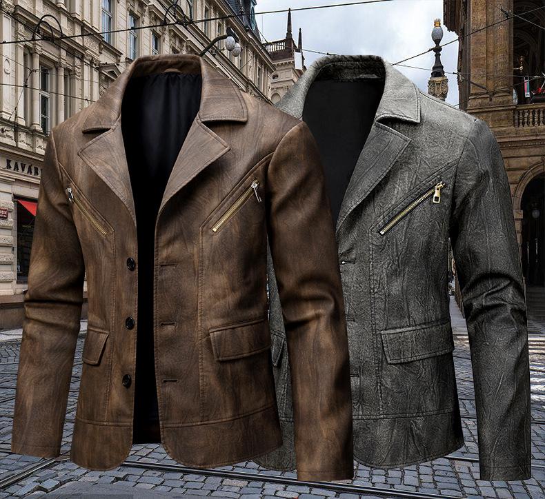 Men's Retro European & American PU Leather Motorcycle Jacket – Slim Fit, Trendy Design with Lapel Collar