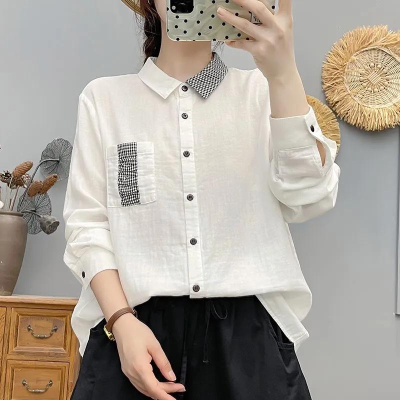

Women s Contrast Gingham Collar Pocket Detail Linen Cotton Long Sleeve Shirt M белый