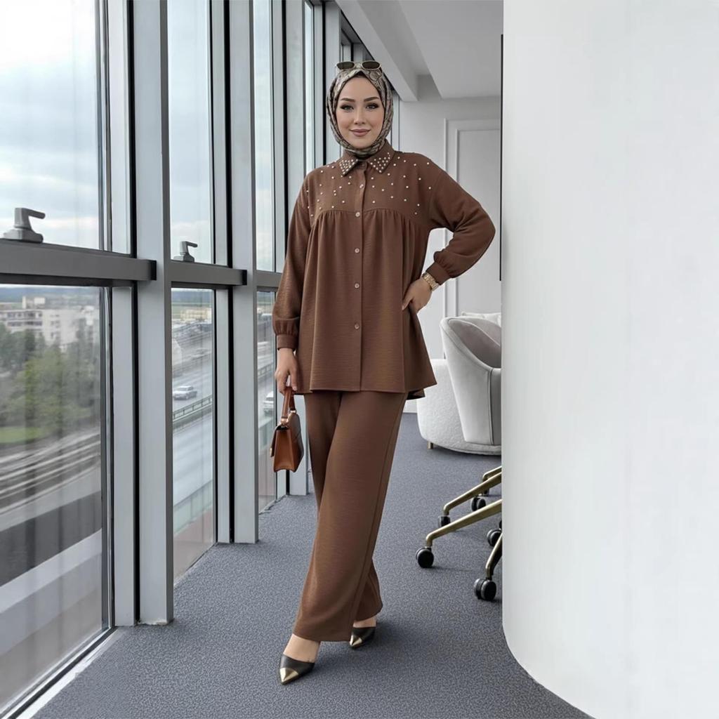 New Arrival: Beaded Long Sleeve Top & Wide Leg Pants Set - Muslim Women's Fashionable Casual Wear