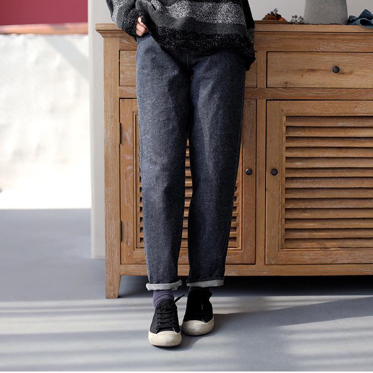Four Seasons Retro Blue Cotton Linen Tapered Jeans with Elastic Waist M