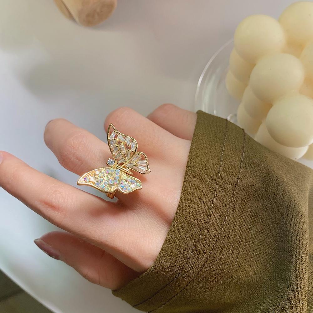 

New Sparkling Gold Colorful Geometric Hollow Jewelry Rhinestone Butterfly Finger Rings Open Rings