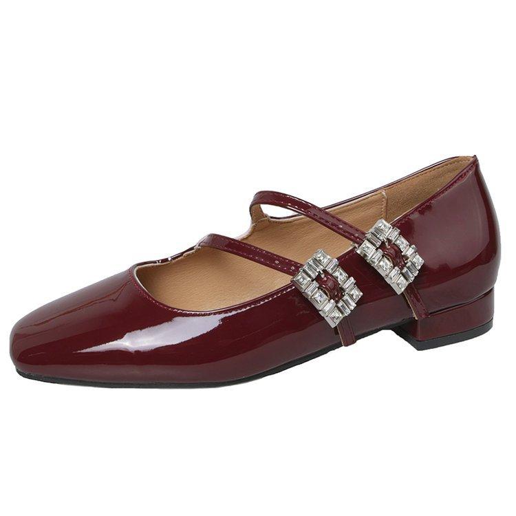 

Rhinestone thick heel Mary Jane shoes women s small leather shoes 2024 spring and autumn new French low heel double diamond buckle belt round head si 40 бордовий