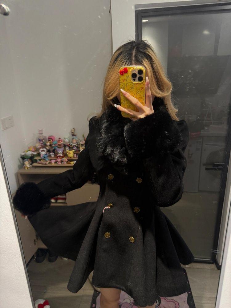 Winter Hepburn Black Fur Collar Woolen Coat French Style Vintage Blends Slim Mid-length Outwear Elegant Lolita Warm Outfits New