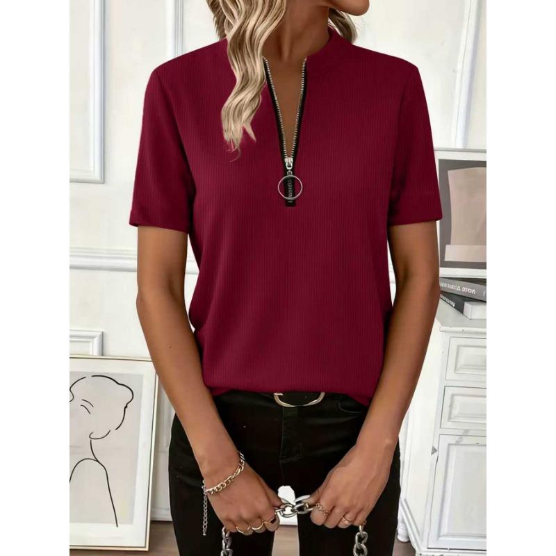 Womens Ribbed Knit Half Zip T Shirt With Stand Collar Short Sleeve Casual Slim Fit Top