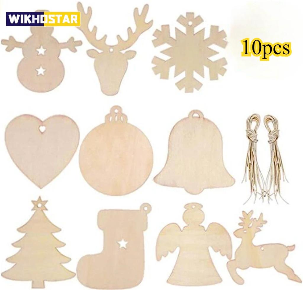 10pcs DIY Wooden Christmas Balls Decoration Round Craft Baubles Tags Hanging Ornament for Christmas New Year Pendant Decor