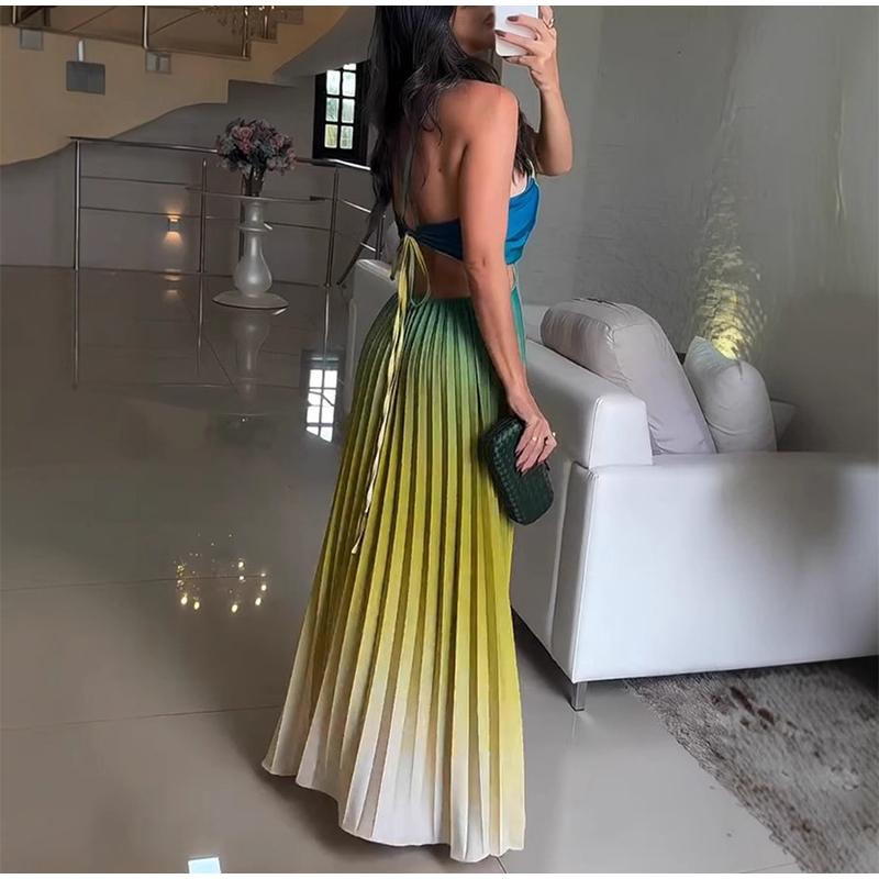 Elegant Gradient Color Pleated Long Dress Fashionable Women's Sleeveless Gown Neck Hanging Design Classy Trendy New 2025