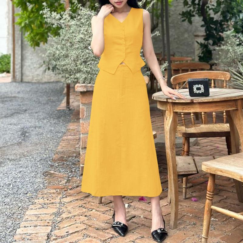 

ZANZEA Жіночі топи без рукавів та довгі спідниці літні костюми-двійки S жовтий