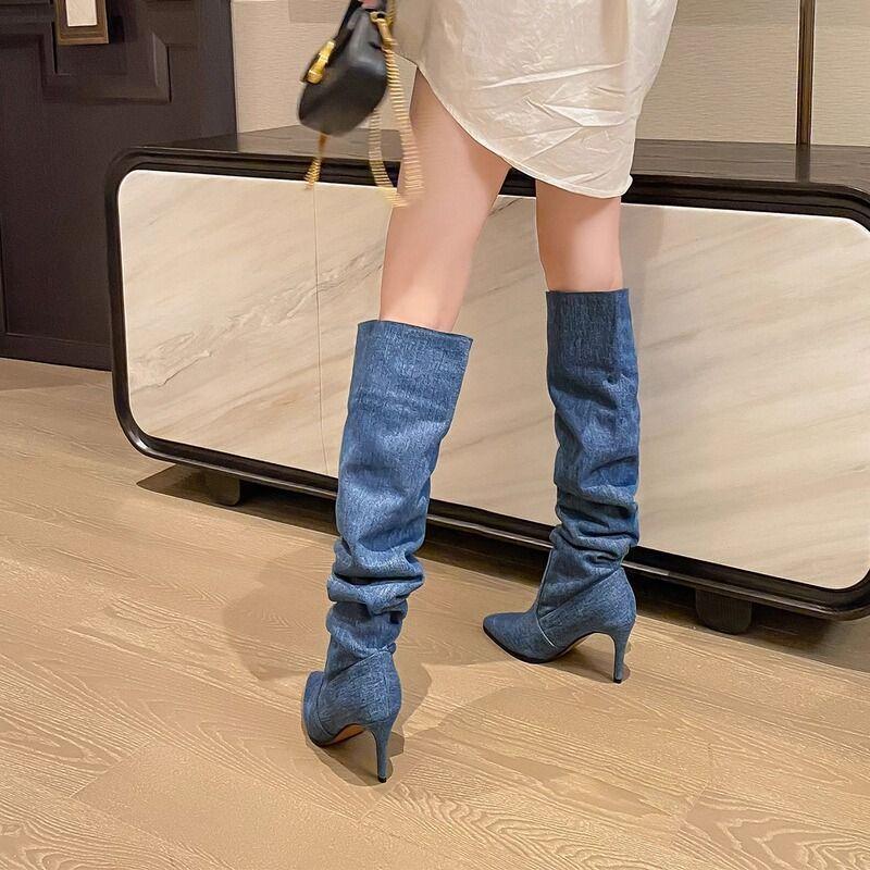 Cowboy Pile Boots Pointed Stiletto Boots Women's 2025 New Suede Super Long Tall Knee Khaki Boots