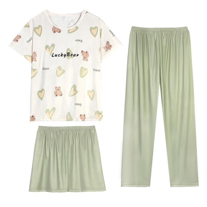Straight Batch Sweet Cartoon Pajamas Women's Summer Crew Neck Short Sleeve Three-piece Comfortable Cotton Large Size Loungewear Tide