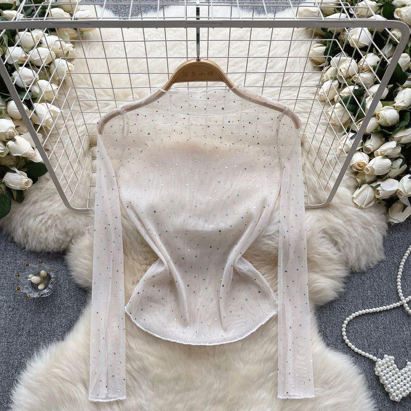 

Pure Desire Accessible Luxury Hot Drilling Silm Fashionable Long Sleeves Tops Apricot color One size