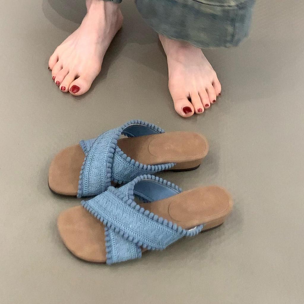 Thick-soled vacation wind cross with round head open-toed sandals women's one-pedal retro outer flat slippers