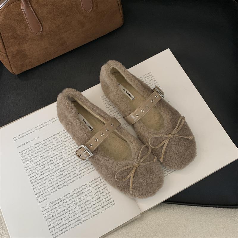 2025 Autumn and Winter Comfortable Versatile Bow Cotton Shoes Round Head One-word Buckle Casual Fluffy Shoes