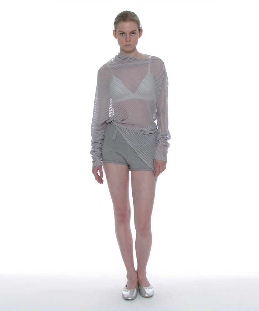 PARTIMENTO WOMEN Sheer Asymmetrical Knit Crew Neck_Light Gray