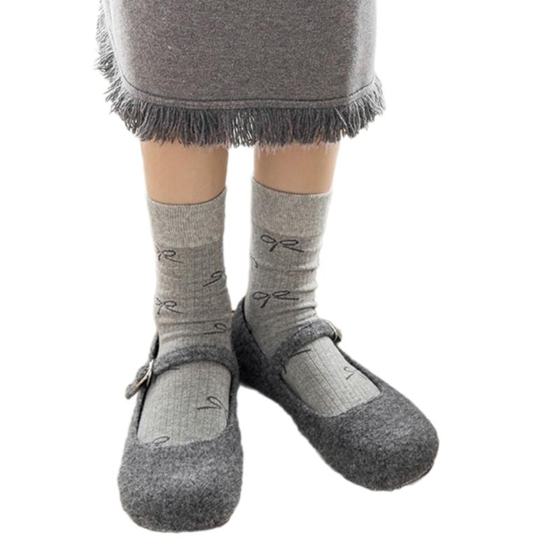 Sweet Girls Elegant Bowknot Pattern Cotton Crew Socks for Women Breathable Casual Fashion Student Middle Calf Socks