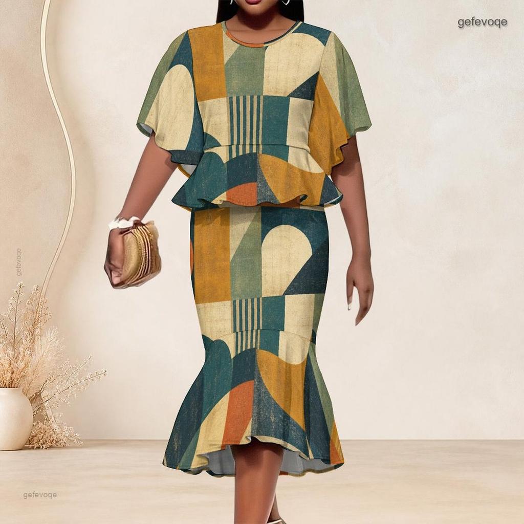 Women Plus Size Geometric Printed Two Piece Set Round Neck Batwing Sleeve Ruffle Hem Top Fishtail Skirt
