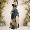 Plus Size Women V Neck Cold Shoulder Tie Cuff Short Sleeve Printed A Line Maxi Dress