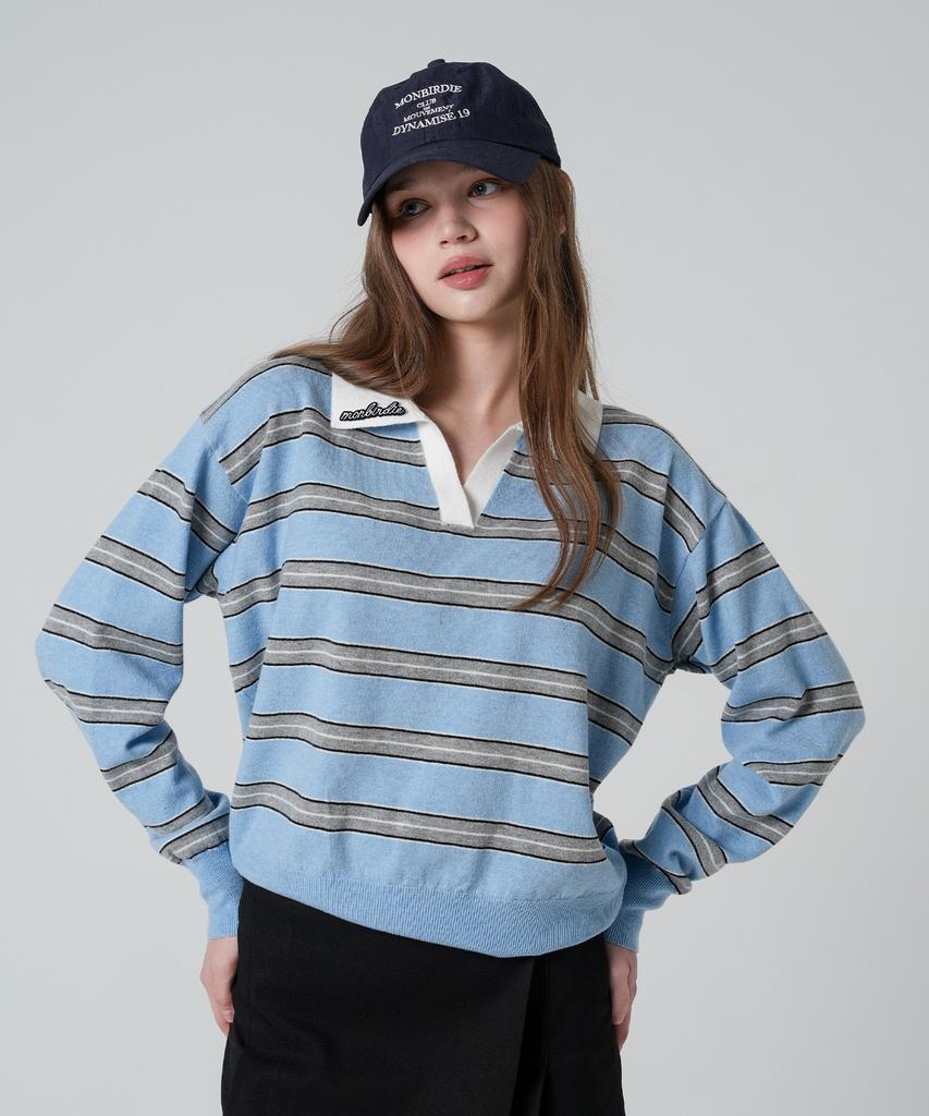 MONBIRDIE GOLF New Slow Stripe Collared Knit Skyblue