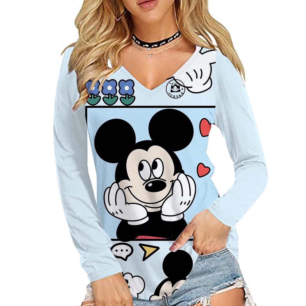 Disney Mickey Mouse Printed Women's Basic Long Sleeve Loose V-neck T-shirt Autumn/Winter 10 Color T-shirt Street Wear