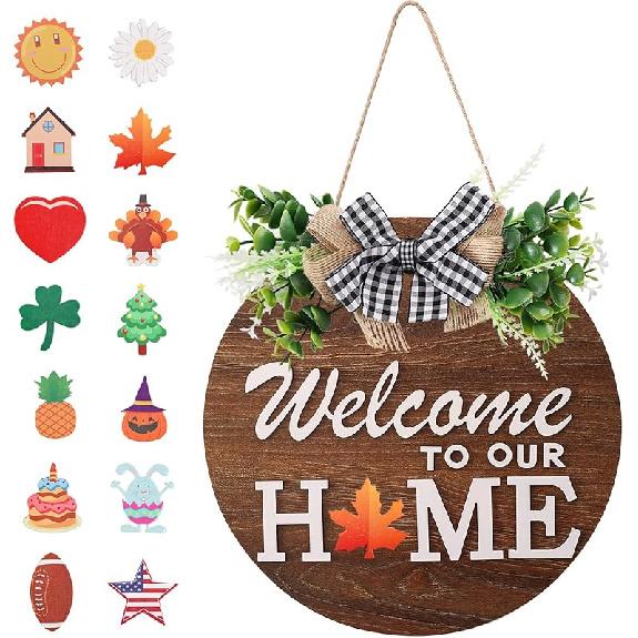 Interchangeable Welcome Sign for Front Door with 4 Seasonal Wreaths and 14 Changeable Icons, Farmhouse Front Door Signs, Door Decoration Porch Decor,