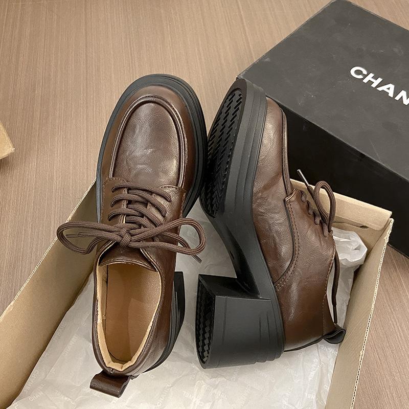 2025 Autumn New Versatile Lace-up Loafers Commuter Thick-heeled Women's Shoes Retro Style Round Head High-heeled Women's Single Shoes