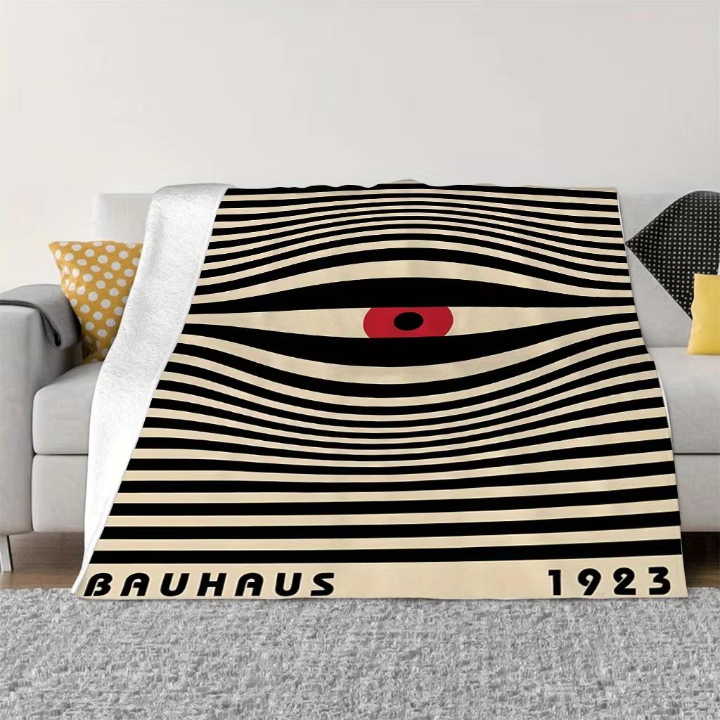 Coperta Flanella Occhio Bauhaus Retro 1923 Fantasia a Strisce Rosso Nero Beige Telo Decorativo per Divano Soggiorno Caldo Morbido Stampa Piatta