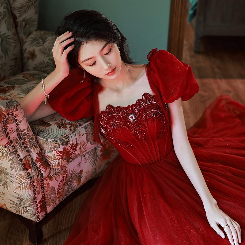 Toast Bride New Summer Red Engagement Dress Dress Heavy Handmade Return Dress Small Evening Dress