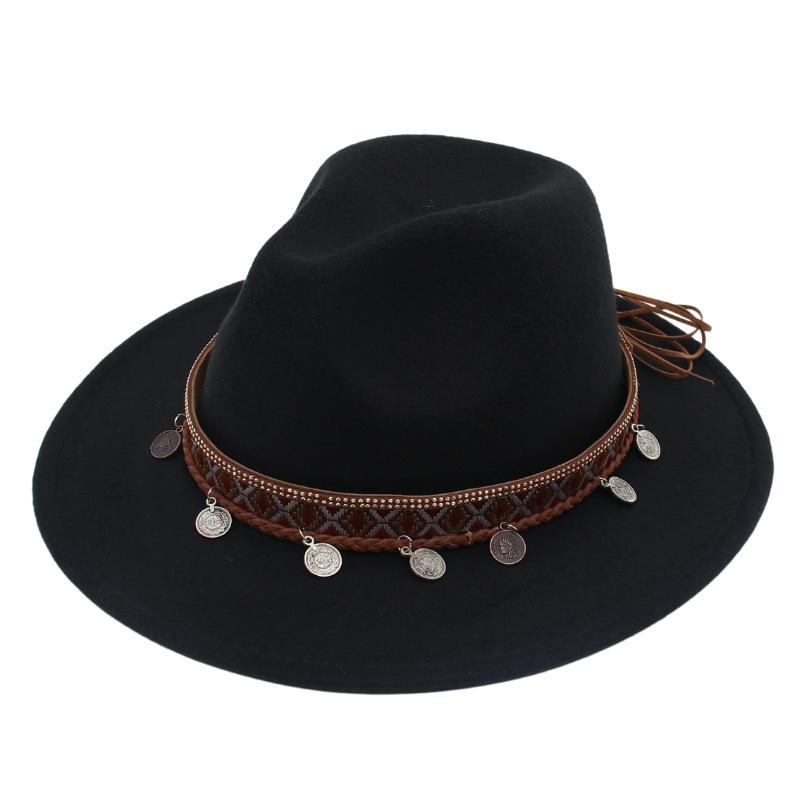 Ethnic Topper Hat Imitation Silver Accessories Felt Hat Jazz Hat Big Brim Stage Performance Hat