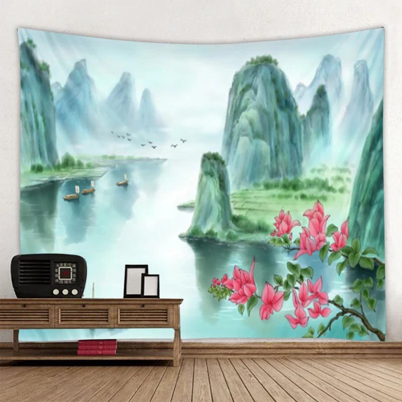 Beautiful Mountain Landscape Ink Painting Tapestry Art Decor Blanket Curtain Hanging At Home Bedroom Living Room Decoration